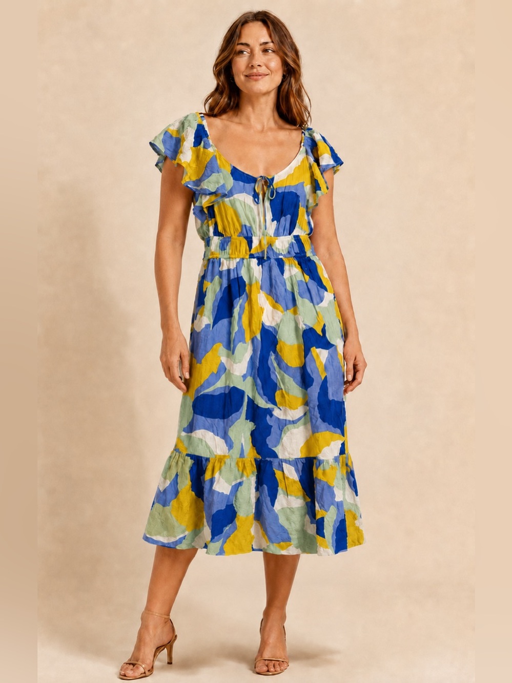 Taylor Abstract Print Flutter Sleeve Tiered Midi Dress Size L Blue Yellow